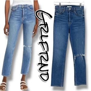 GRLFRND Reed High Rise Straight Leg Jeans Sandblast Distressed Knee Womens Sz 25